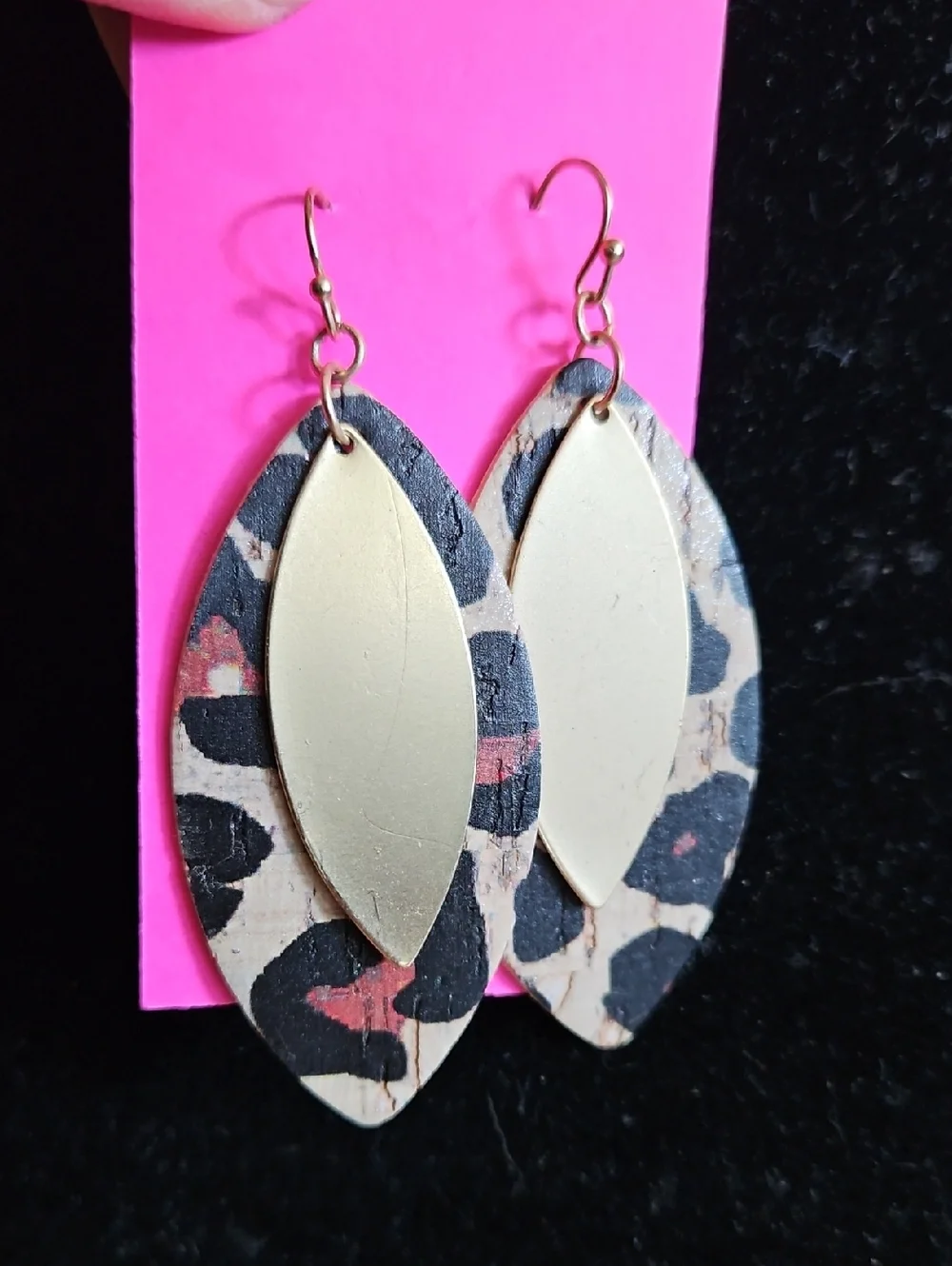 Layered leaf-shaped earrings w/ a leopard print backing and a gold metal top